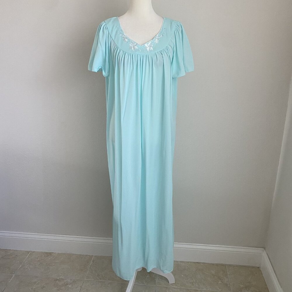 Miss Elaine Classics Womens L Large Teal Embroidered Floral Night Gown Long